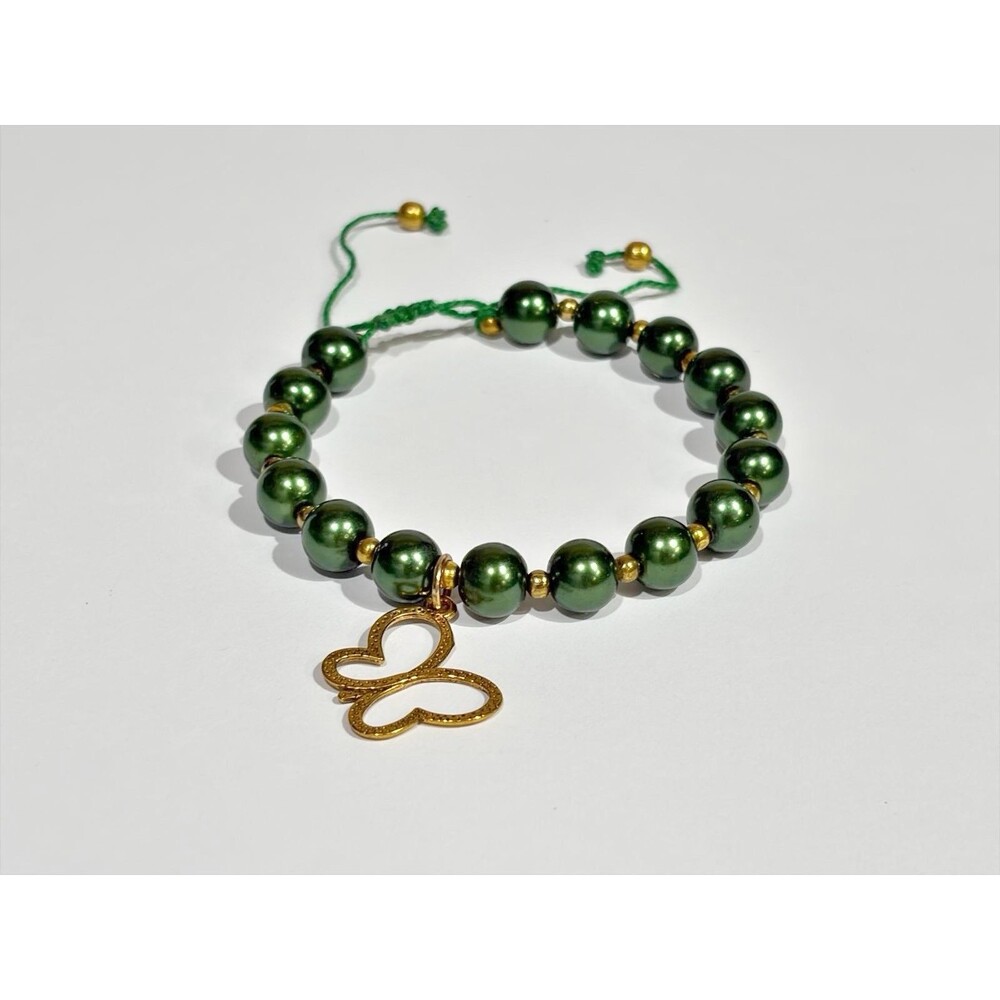 Green Beaded Bracelet Gold Butterfly Charm Adjustable Handmade Boho - Picture 4 of 5